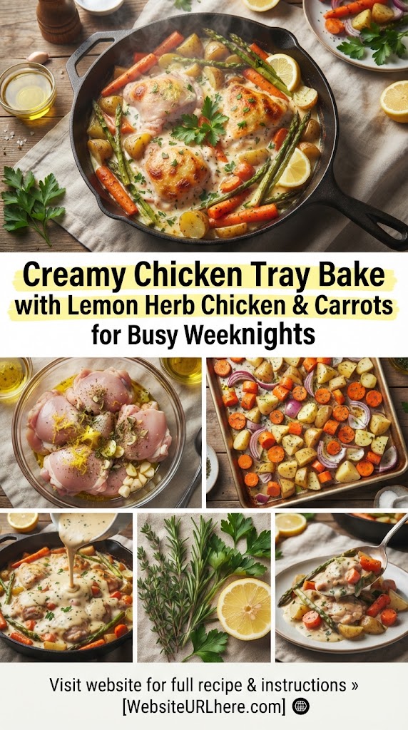Creamy chicken tray bake with lemon herb chicken and carrots for Busy Weeknights