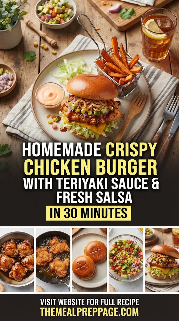Homemade crispy chicken burger with teriyaki chicken and fresh salsa in 30 Minutes